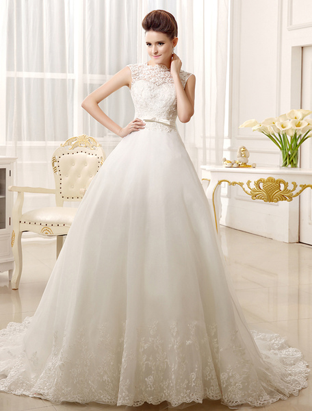Milanoo Lace Wedding Dress Bow Sash Sweetheart Neckline Court Train Bridal Gown