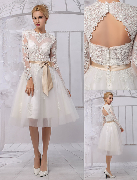 Milanoo  A-Linie-Brautkleid aus Tüll mit Rundkragen und Gürtel knielang in Elfenbeinfarbe