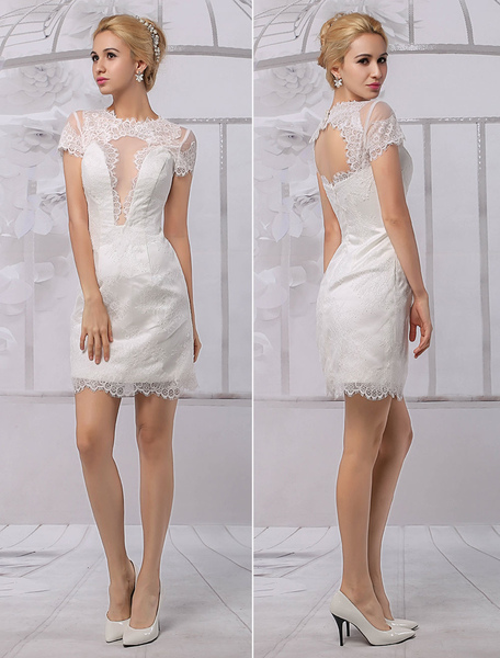 Milanoo  A-Linie-Brautkleid aus Spitze mit Rundkragen mit Spitzen Mini-Kleid in Elfenbeinfarbe