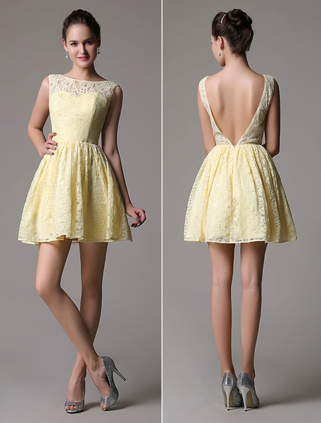Image of Daffodil Bateau Neck Soft Lace Short Dress with V-Back