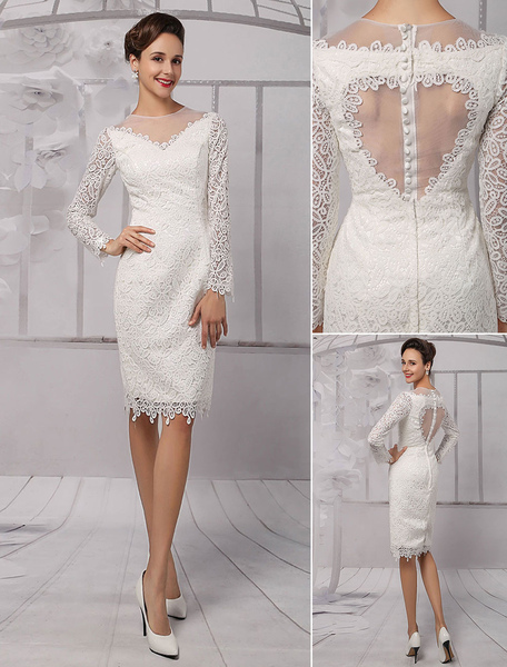 Milanoo Short Simple Wedding Dress Long Sleeve Illusion Neckline Koyhole Knee Length Sheath Bridal D