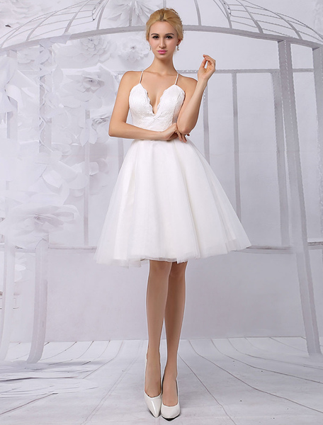 Milanoo A Line Tulle Knee Length V Neck Long Sleeves Detachable Lace Wrap Wedding Dress