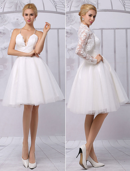 Milanoo  A-Linie-Brautkleid aus mit V-Ausschnitt und Spitzen knielang in Elfenbeinfarbe