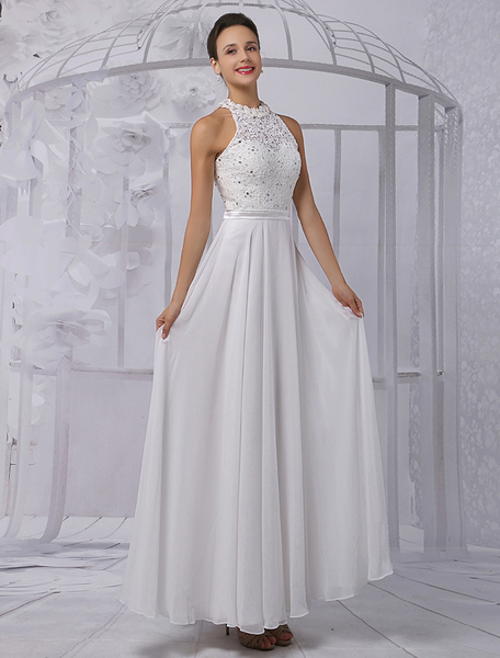 Milanoo  A-Linie-Brautkleid aus mit Rundkragen und Spitzen bodenlang in Elfenbeinfarbe