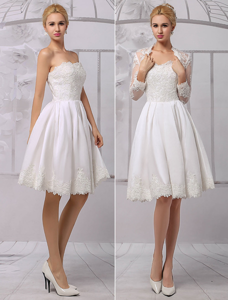 Milanoo A Line Satin Knee Length Wedding Dress With Long Sleeve Lace Wrap