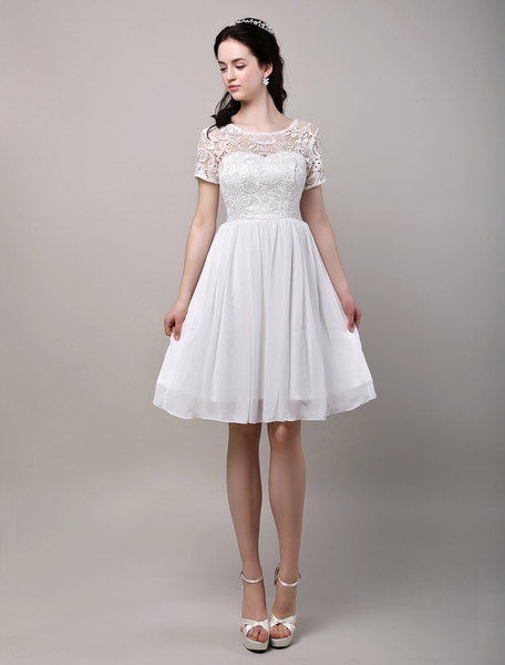 Milanoo Simple Wedding Dress Short Sleeves Lace Bodice Chiffon Reception Bridal Dress