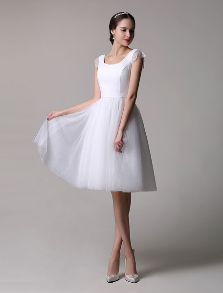 Milanoo Short Simple Wedding Dress Tulle Scoop Neckline Lace Cap Sleeves Knee Length Bridal Dress