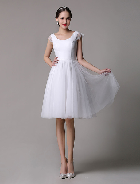 Milanoo  A-Linie-Brautkleid aus Designender Ausschnitt und Spitzen knielang in Elfenbeinfarbe