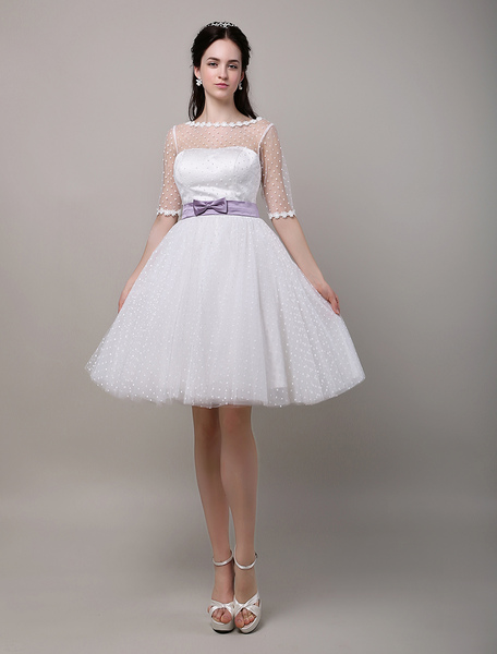 Image of Vintage Inspired Polka Dots Elbow Sleeves Tulle Wedding Dress with Illussion neckline