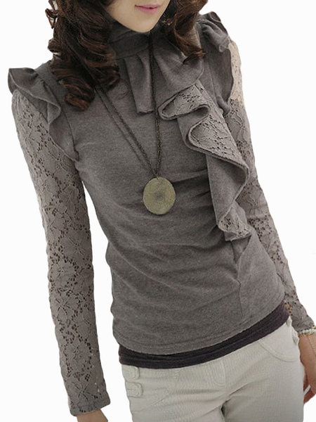 Modisches Shirttunika aus Baumwolle mit Halskragen und Rüschen in Grau от Milanoo WW