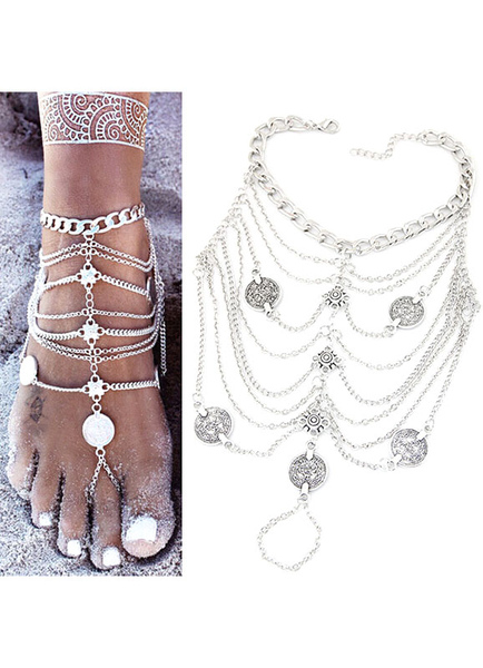 

Silver Fringe Coin Beach Anklets