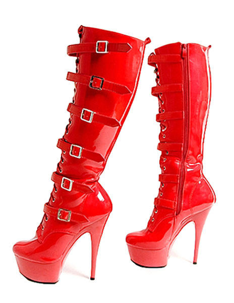Image of Platform High Heel Boots Women's Knee Length Club Sexy Shoes Buckle Punk Pole Dancing Patent Heel Boots
