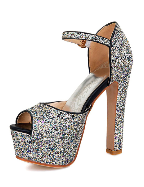 

Peep High Heels Women's Glitter Sequined Sandals, White;blond;silver