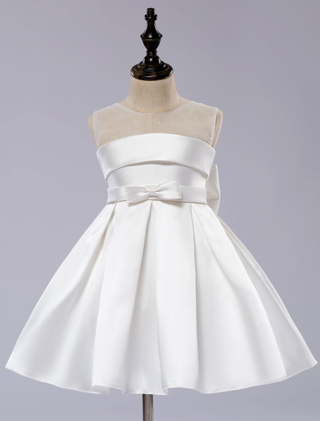 Milanoo White Flower Girl Dress Tutu Toddlers Knee Length Satin Pageant Dinner Dress