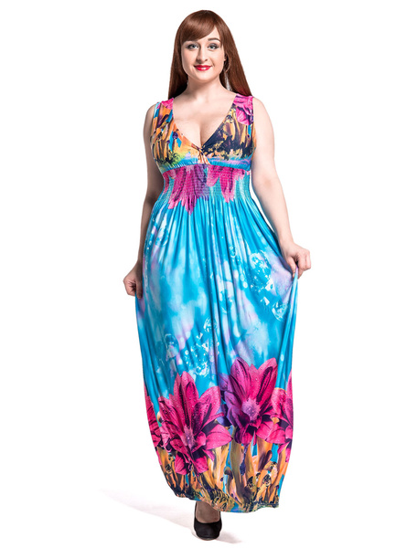 V-Hals langes Kleid gedruckt Sommer Kimono Plus Size Kleid от Milanoo WW
