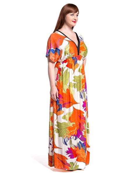 Kimono Kleid V-Ausschnitt gedruckt Kurzarm Plus Size Kleid от Milanoo WW