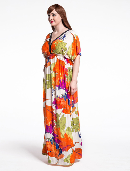 Kimono Kleid V-Ausschnitt gedruckt Kurzarm Plus Size Kleid от Milanoo WW