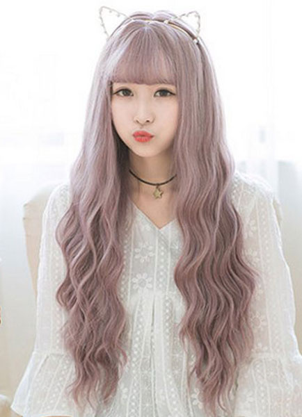 

Women's Long Wigs Curly Lavender Synthetic Corkscrew Curl Tousled Hair Wigs With Bangs