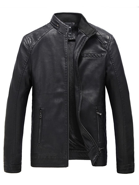Image of Men's Black Jacket PU Leather Fleece Lined Slim Fit Causal Jacket