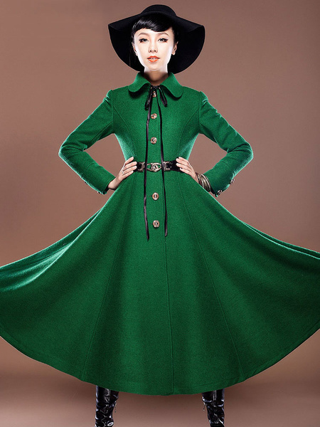 

Green Long Coat Women' Long Sleeve Turndown Collar Button Bow Belted Draped Overcoat