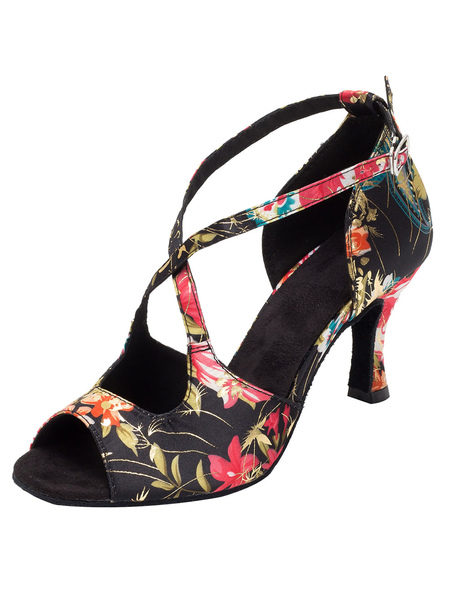 Milanoo Vintage Dance Shoes Floral Printed Peep Flared Heel Strap Cross Front Ballroom Shoes For Wom