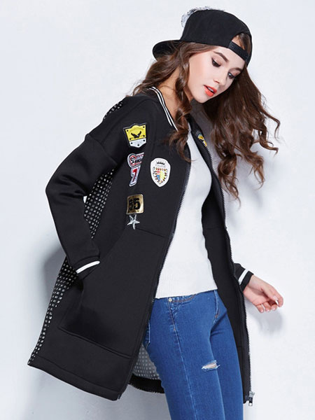 Damen Schwarz Mantel gestickt ausgeschnittene Hip Hop Style übergroßen langen Mantel от Milanoo WW