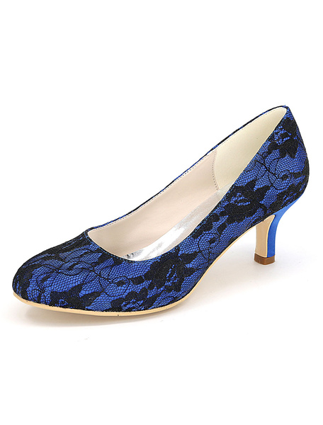 

Blue Wedding Shoes Lace Kitten Heel Pumps Round Toe Slip-On Bridal Shoes, Black;blue;white;ivory;pink
