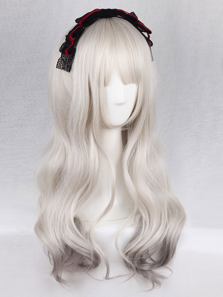 Image of Carino Lolita parrucche dolce luce grigio Lolita sintetico ricci lunghi capelli parrucche con la frangetta