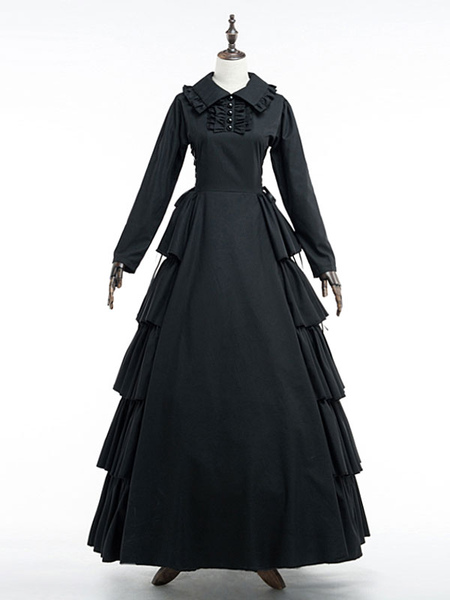 Milanoo Black Retro Costume Victorian Vintage Dress Women's Cotton Long Sleeve Ruffle Lace Up Maxi D