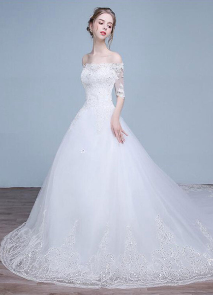 Milanoo Spitzen-Brautkleid aus der Schulter Halbarm Strass Pailletten Braut Kleid mit Zug