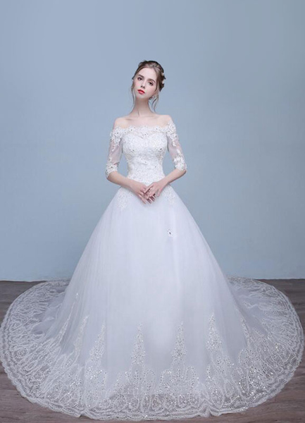 Milanoo Spitzen-Brautkleid aus der Schulter Halbarm Strass Pailletten Braut Kleid mit Zug