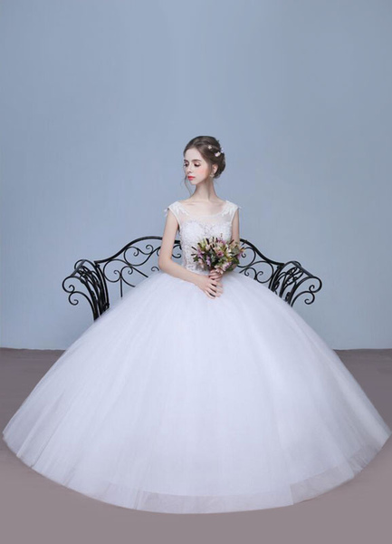 Milanoo Ivory Wedding Dresses A-Line Lace Applique Round Neck Keyhole Floor Length Bridal Dresses