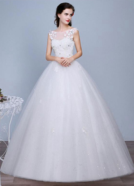Milanoo Ivory Wedding Dress Sleeveless Semi-Sheer Jewel Neckline Lace A-Line Floor Length Bridal Gow