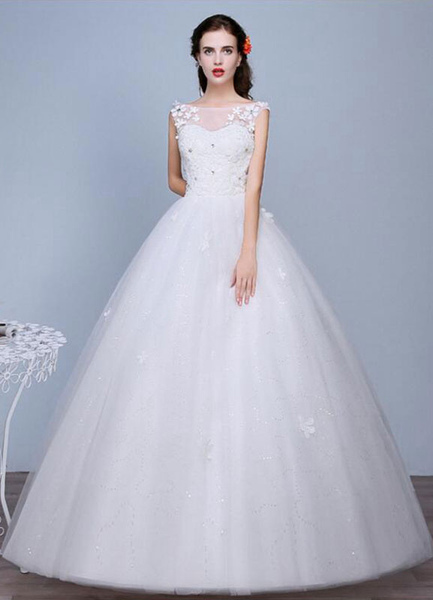Milanoo Ivory Wedding Dress Sleeveless Semi-Sheer Jewel Neckline Lace A-Line Floor Length Bridal Gow