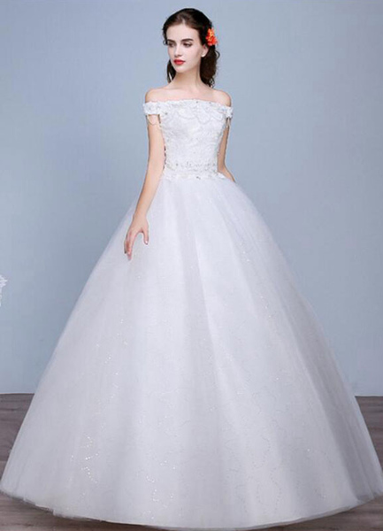 Milanoo Lace Wedding Dress Off The Shoulder Floor Length Lace Up Applique Bridal Dress With Beads Se