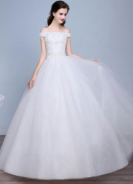 Milanoo Spitzen-Brautkleid aus der Schulter Stock Länge Schnürschuh Applique Brautkleid mit Perlen P