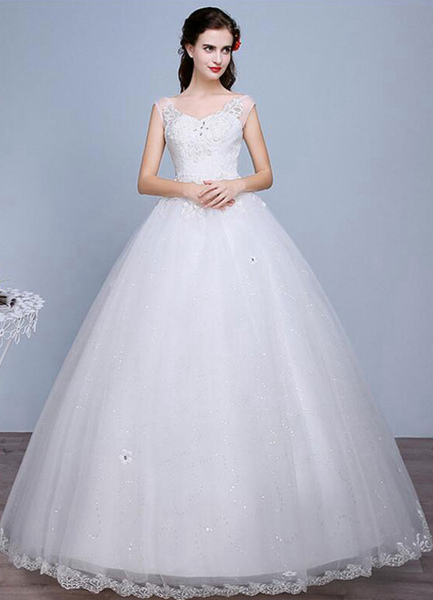 Milanoo Ivory Wedding Dress Lace Sleeveless V Neck Rhinestones Beaded A-Line Floor Length Bridal Gow