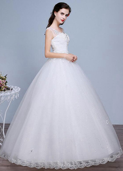 Milanoo Ivory Wedding Dress Lace Sleeveless V Neck Rhinestones Beaded A-Line Floor Length Bridal Gow