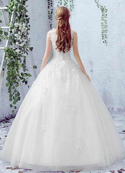 Milanoo Lace Wedding Dress Scoop Neck Sleeveless Satin Net Lace Up Bridal Dress With Beads
