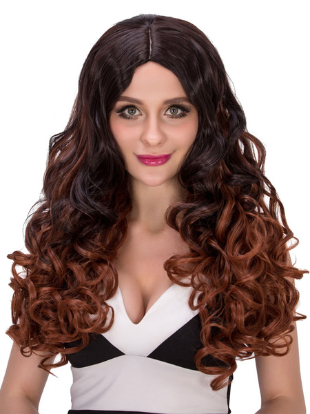 

Halloween Long Wigs Women's Curly Brownish Black Ombre Centre Parting Layered Hair Wigs