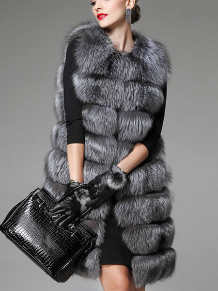 Image of Women Faux Fur Vest Sleeveless Jacket Grey Quilted Gilet