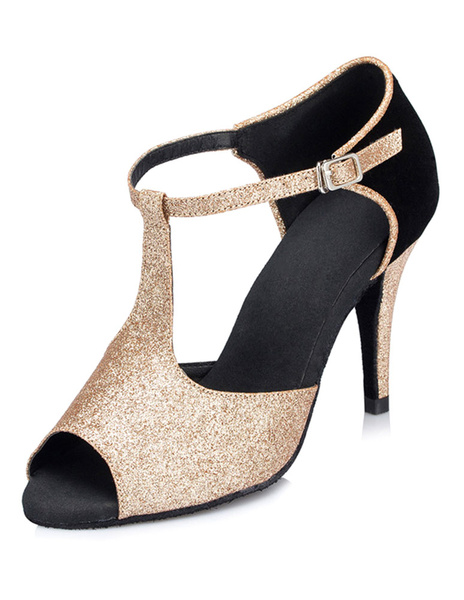

Sequined Ballroom Shoes Gold Peep Toe High Heel Sandals T Strap Dance Shoes For Women, Blond;black