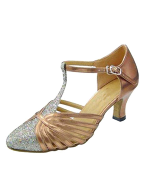 

T Strap Ballroom Shoes Glitter High Heel Two Tone Round Toe Dance Shoes For Women, Apricot;black