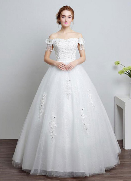 Milanoo Ivory Günstiges Brautkleid aus der Schulter Spitze Ballkleid Perlen bodenlangen Braut Kleid