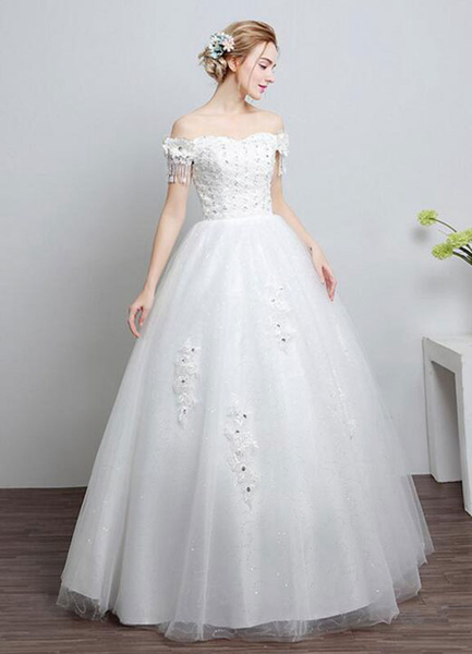 Milanoo Ivory Günstiges Brautkleid aus der Schulter Spitze Ballkleid Perlen bodenlangen Braut Kleid