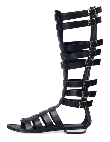 Black Mid Calf Gladiator Sandals Flat Sandals For Women