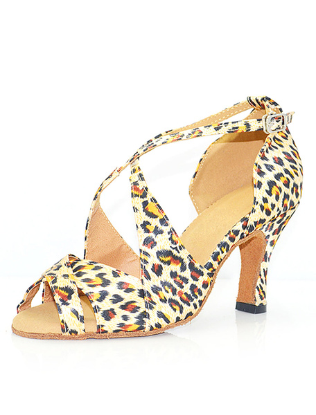 

Leopard Dance Shoes Silk & Satin High Heel Peep Toe Criss Cross Sandal Ballroom Shoes