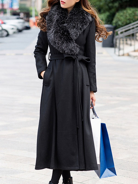

Black Winter Coat Vintage Faux Fur Turndown Collar Long Sleeve Lace Up Longline Wool Coat For Women