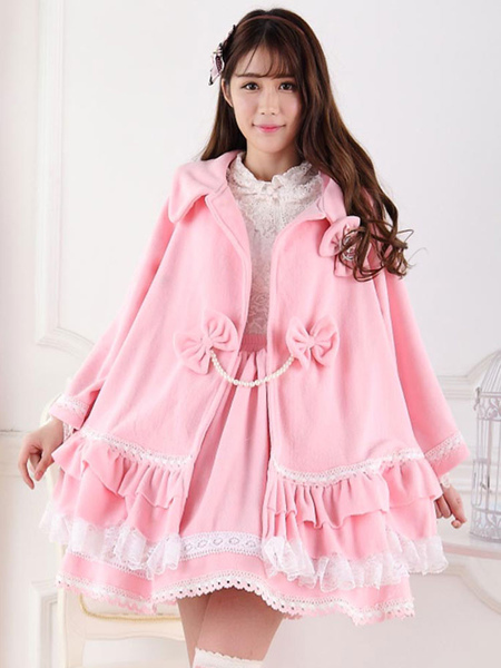 Milanoo Pink Lolita Coat Lace Trim Bows Long Sleeve Sweet Lolita Overcoat With Peals