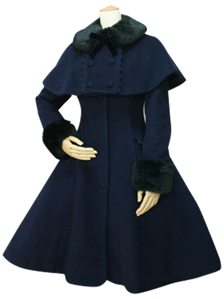 Milanoo Sweet Lolita Coat Black Wool Turndown Collar Long Sleeve Slim Fit Detachable Lolita Cape Coa